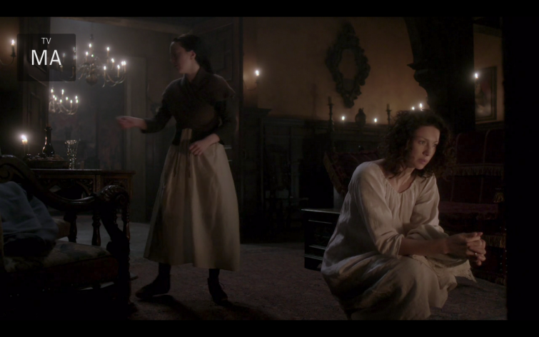 Claire at the fire in Lallybroch, Outlander season 3 episode 8