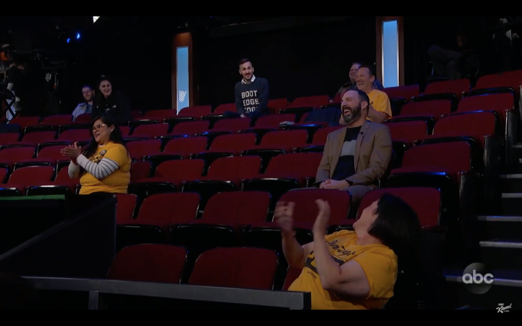 Tony Hale sits among a sparse audience made of crew members for the Jimmy Kimmel episode 3-12-20